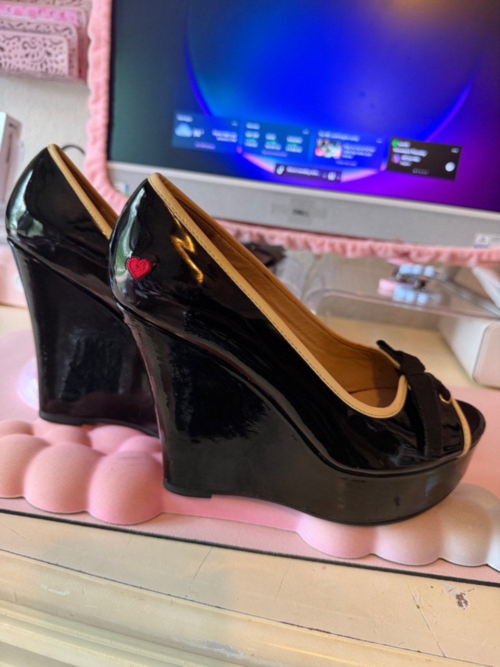 Love Moschino Black Patent Wedge Heels with Heart Accent - Women Shoes